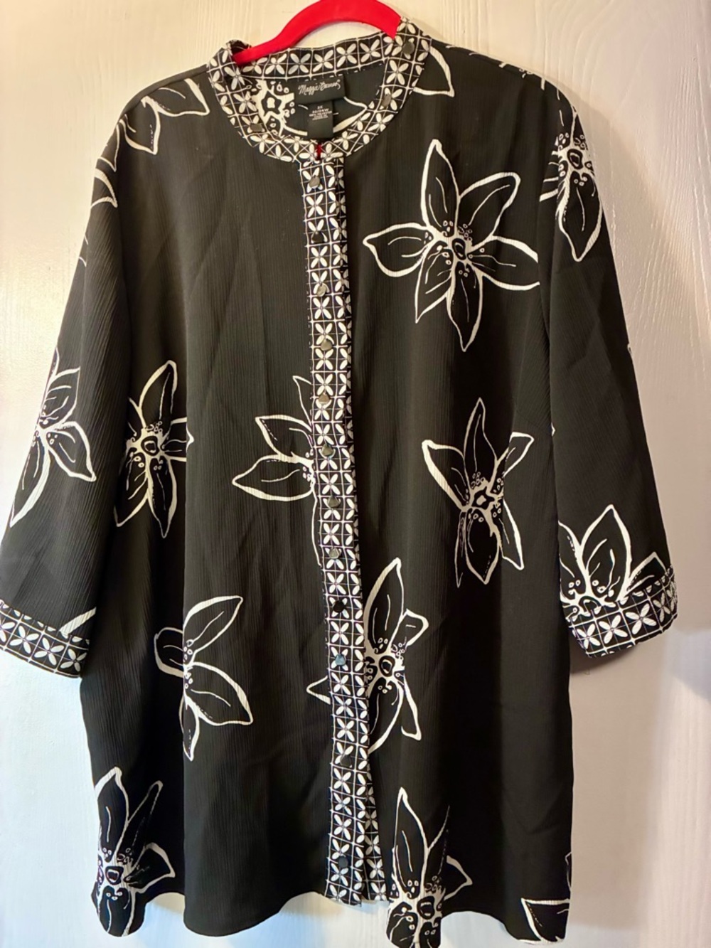 Maggie Barnes Black Jacket with White Floral Trim